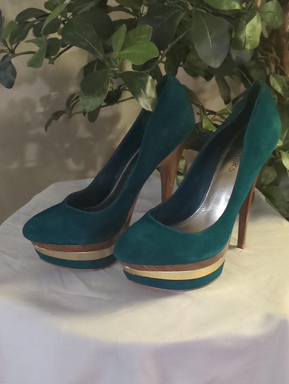 Bakers Teal Suede Platform Stilettos With Gold Accent